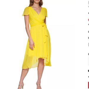 DKNY Short Sleeve Faux-Wrap Dress yellow size 10